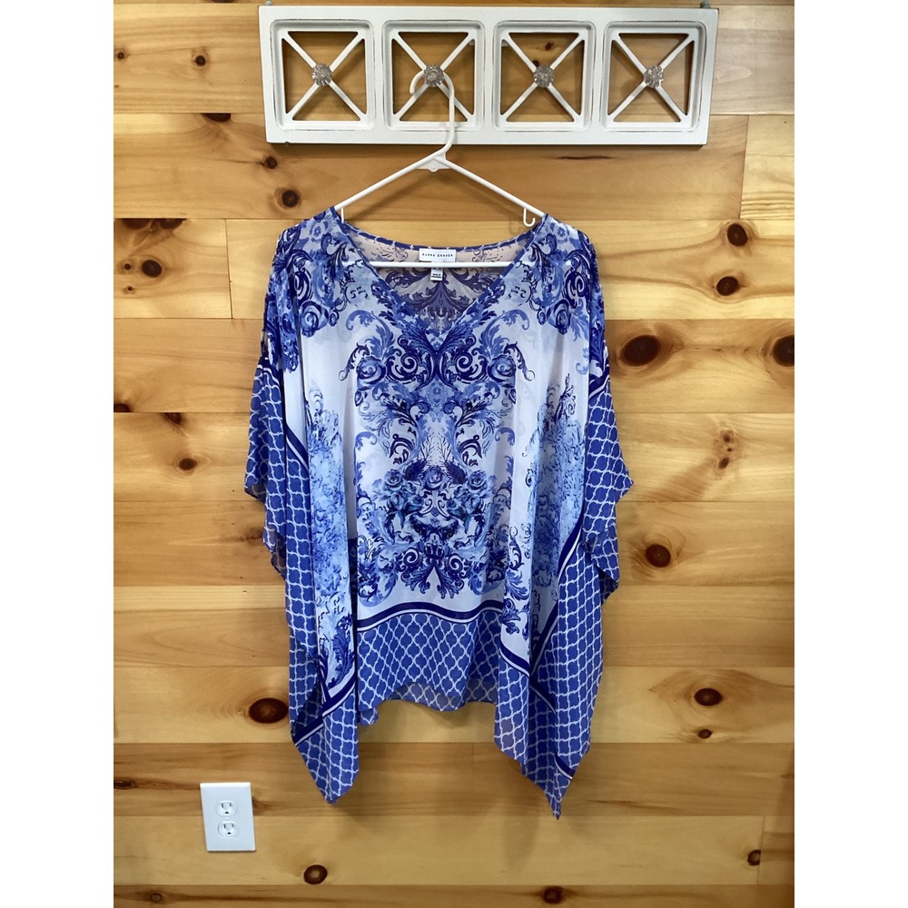 Susan Graver Womens XL Blue Baroque Tile Print Cold Shoulder Chiffon Poncho Top